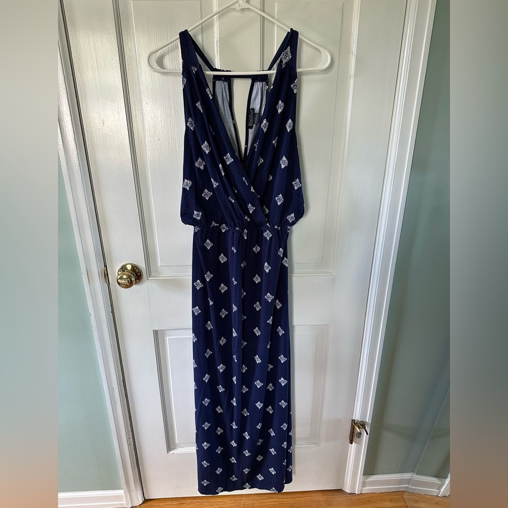 Lucky Brand Navy and White Patterned Maxi Dress, Large